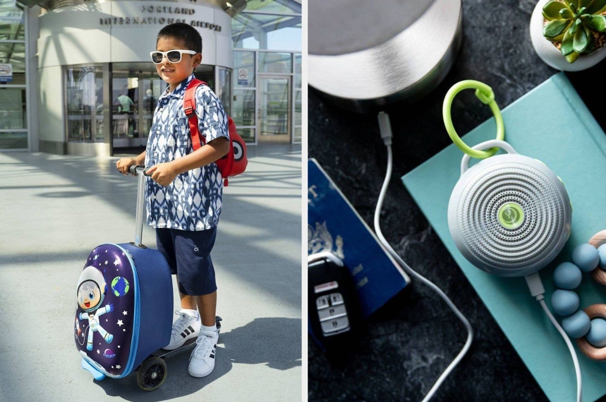 a suitcase with a scooter and a portable sound machine