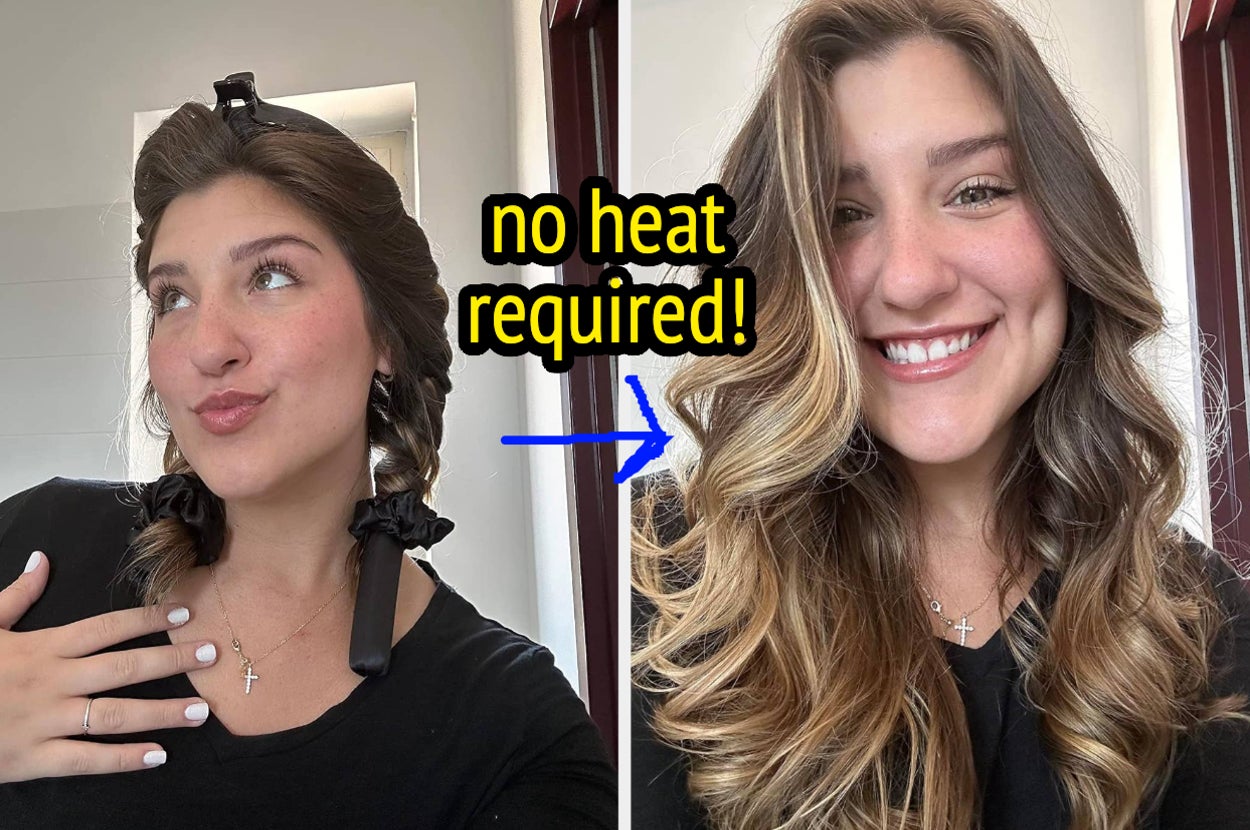 reviewer with hair wrapped in curling rod and then reviewers curled hair after