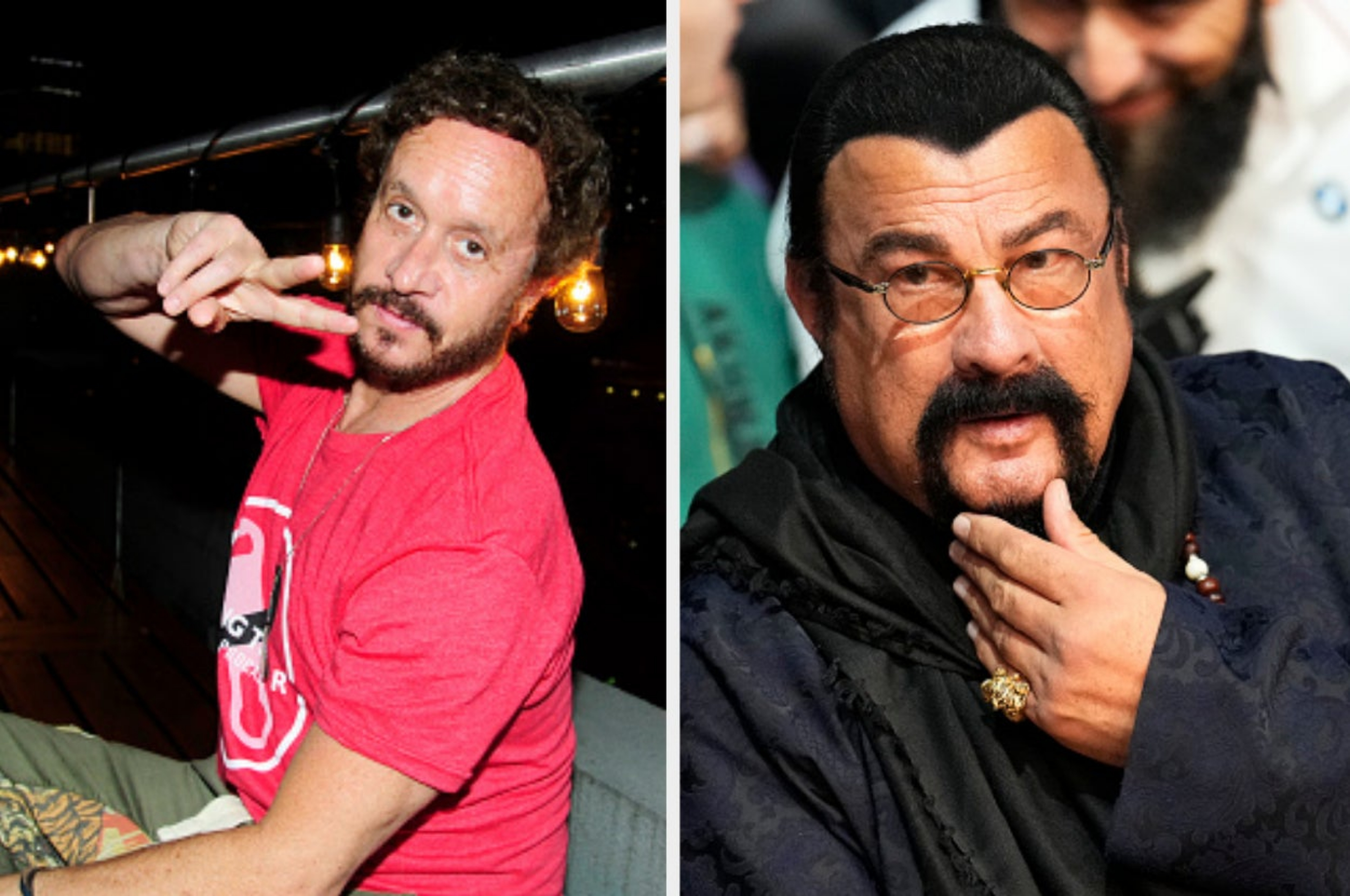 pauly giving a peace sign and a close up of steven touching his handle bars facial hair