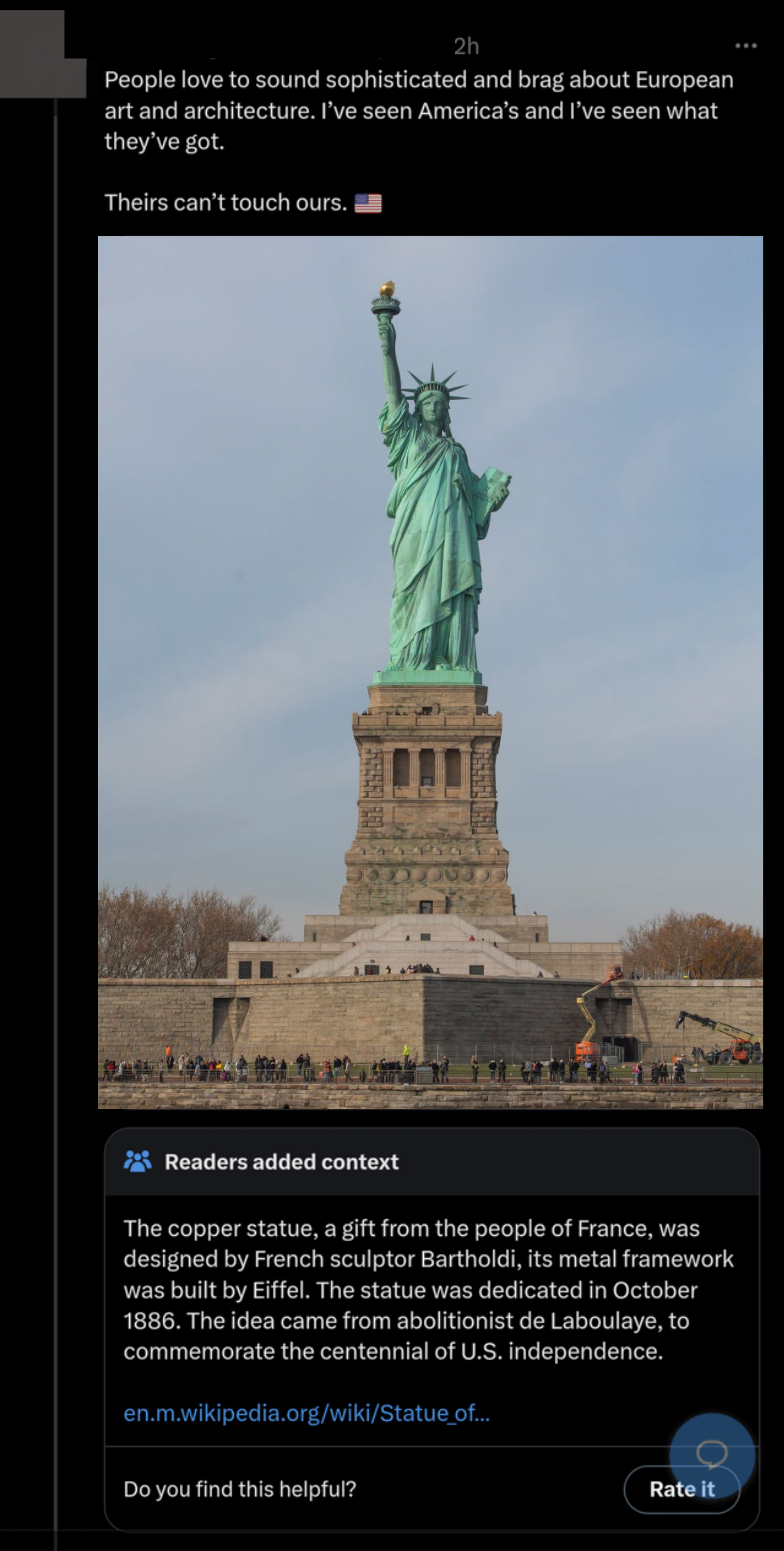 "The copper statue, a gift from the people of France…"