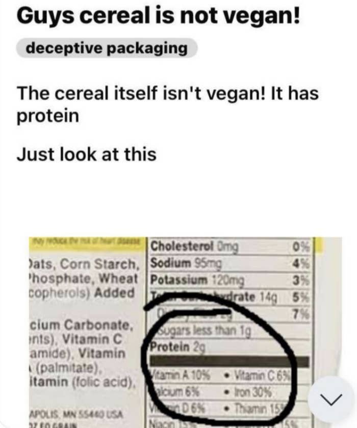 &quot;This cereal isn&#x27;t vegan. It has protein&quot;