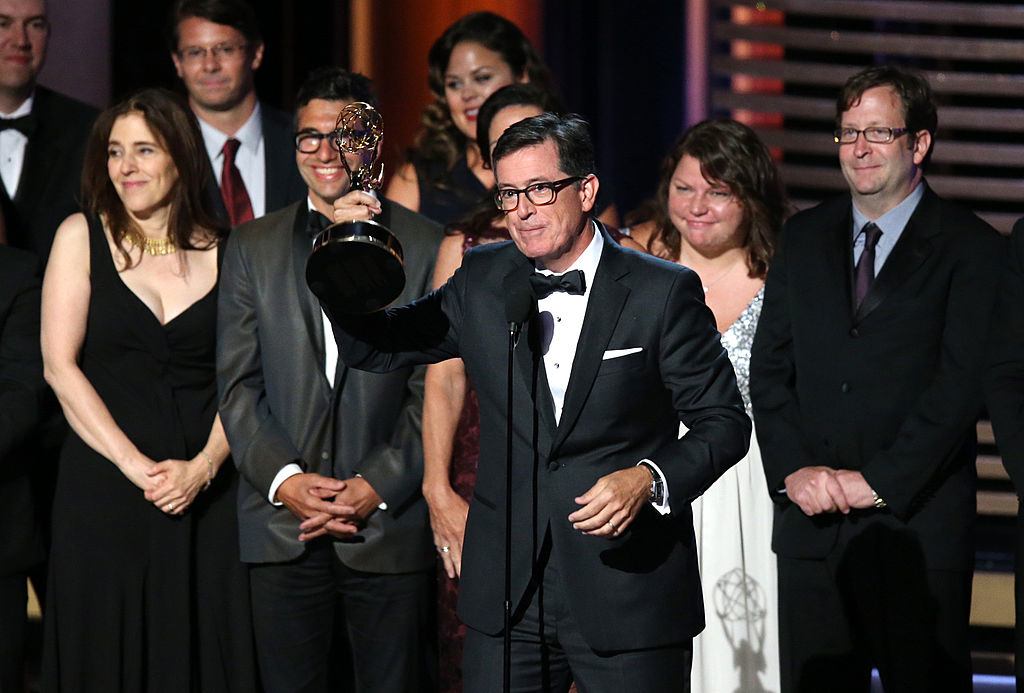 Stephen Colbert and his crew accepting an Emmy for &quot;The Colbert Report&quot;