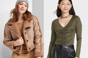 on left: model in brown faux shearling jacket. on right: model in v-neck ruched long sleeve green bodysuit