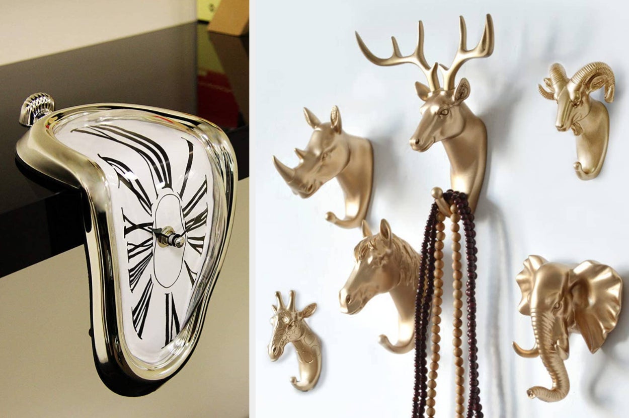 dali-inspired clock; gold animal-shaped hooks