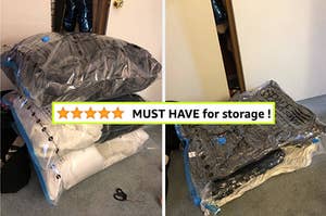 reviewer's packed vacuum storage bags before and after removing the air
