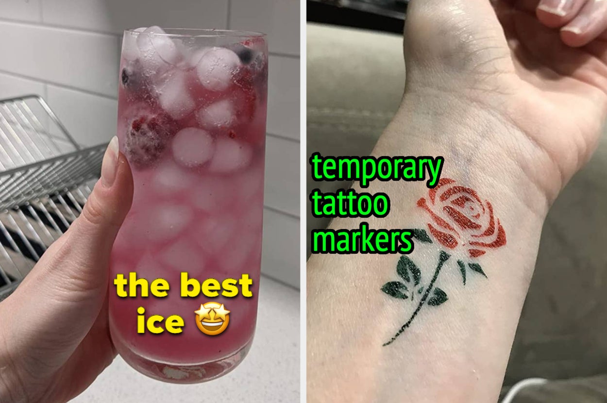 Reviewer holding a drink with the pebble ice in it "the best ice" / Reviewer with a red and green rose painted on their forearm "temporary tattoo markers"