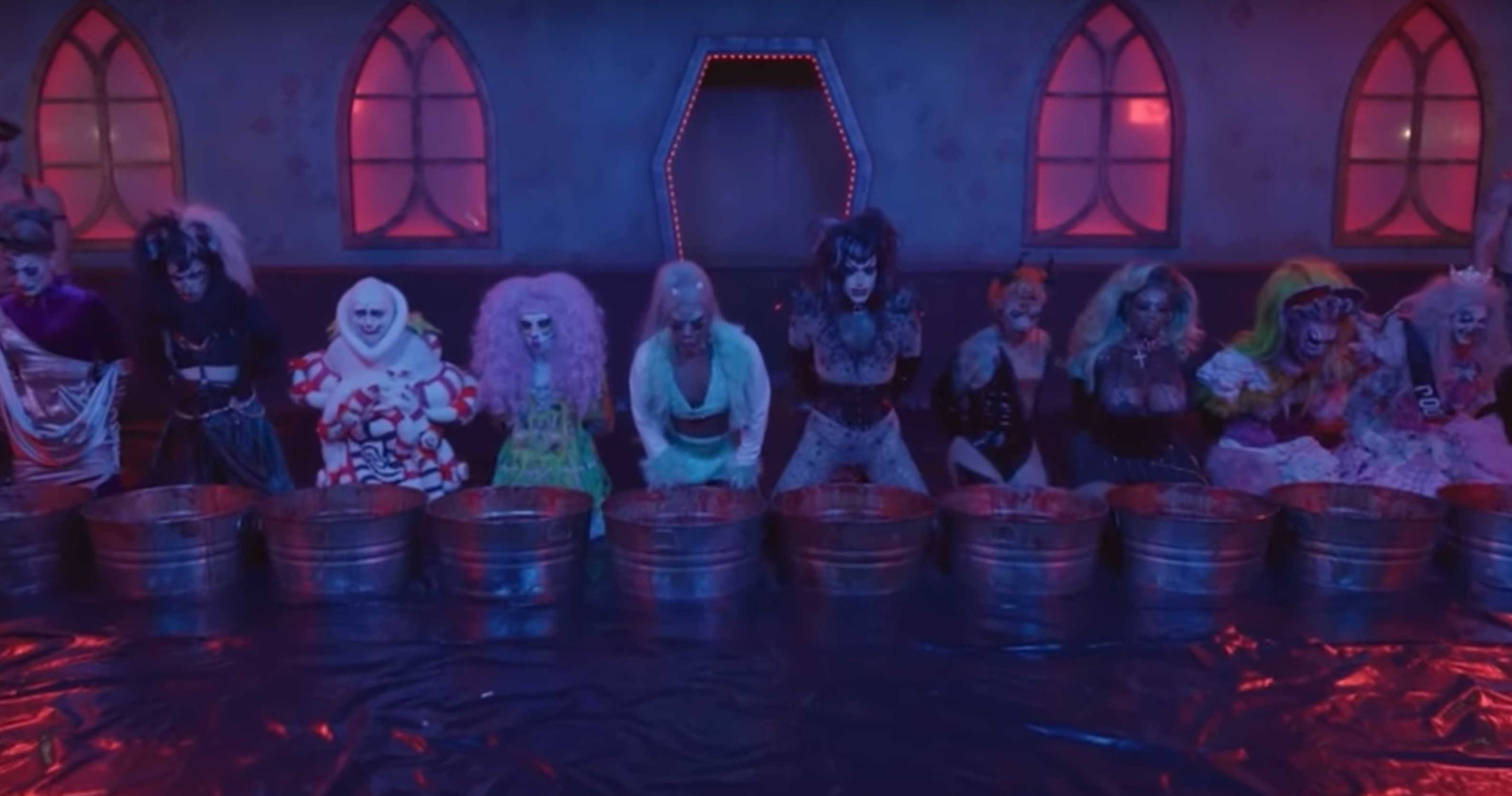 The cast of Dragula: Titans preparing to bob for apples.