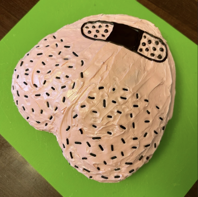 A cake with testicles and a Band-Aid