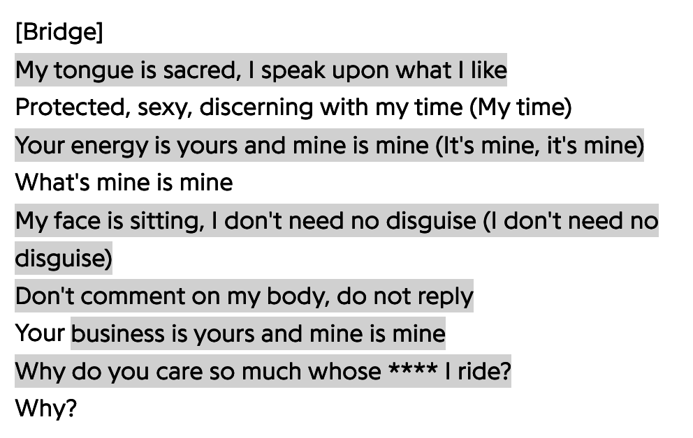 Screenshot of the lyrics, which also include &quot;My tongue is sacred, I speak up on what I like / Protected, sexy, discerning with my time / Your energy is yours and mine is mine / What&#x27;s mine is mine / My face is sitting I don&#x27;t need no disguise&quot;