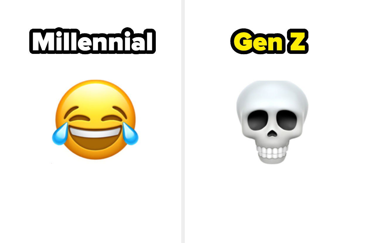 millennial using a crying laughing face and gen z picking the skull