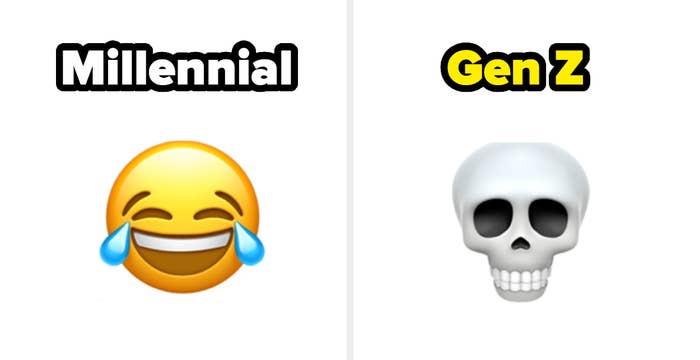 millennial using a crying laughing face and gen z picking the skull