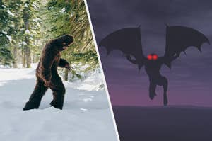 Bigfoot walking through the snow and Mothman flying in the sky.