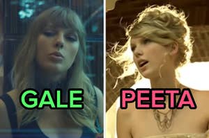On the left, Taylor Swift in the Endgame music video labeled Gale, and on the right, Taylor in the Love Story music video labeled Peeta
