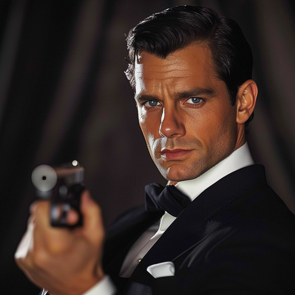 henry holding a gun while wearing a suit
