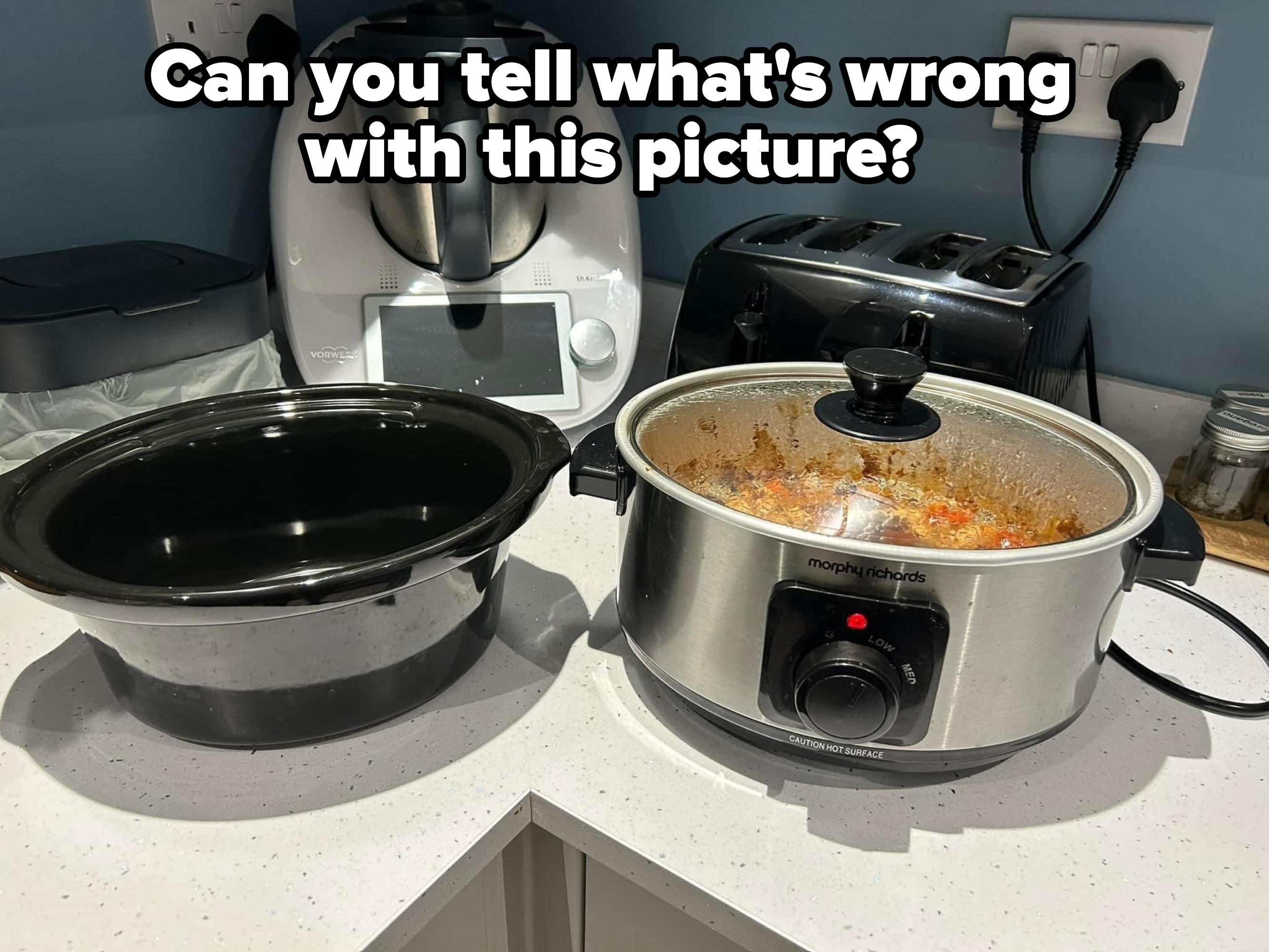 &quot;Can you tell what&#x27;s wrong with this picture?&quot; showing someone cooked something in an instant cooker without the pot insert