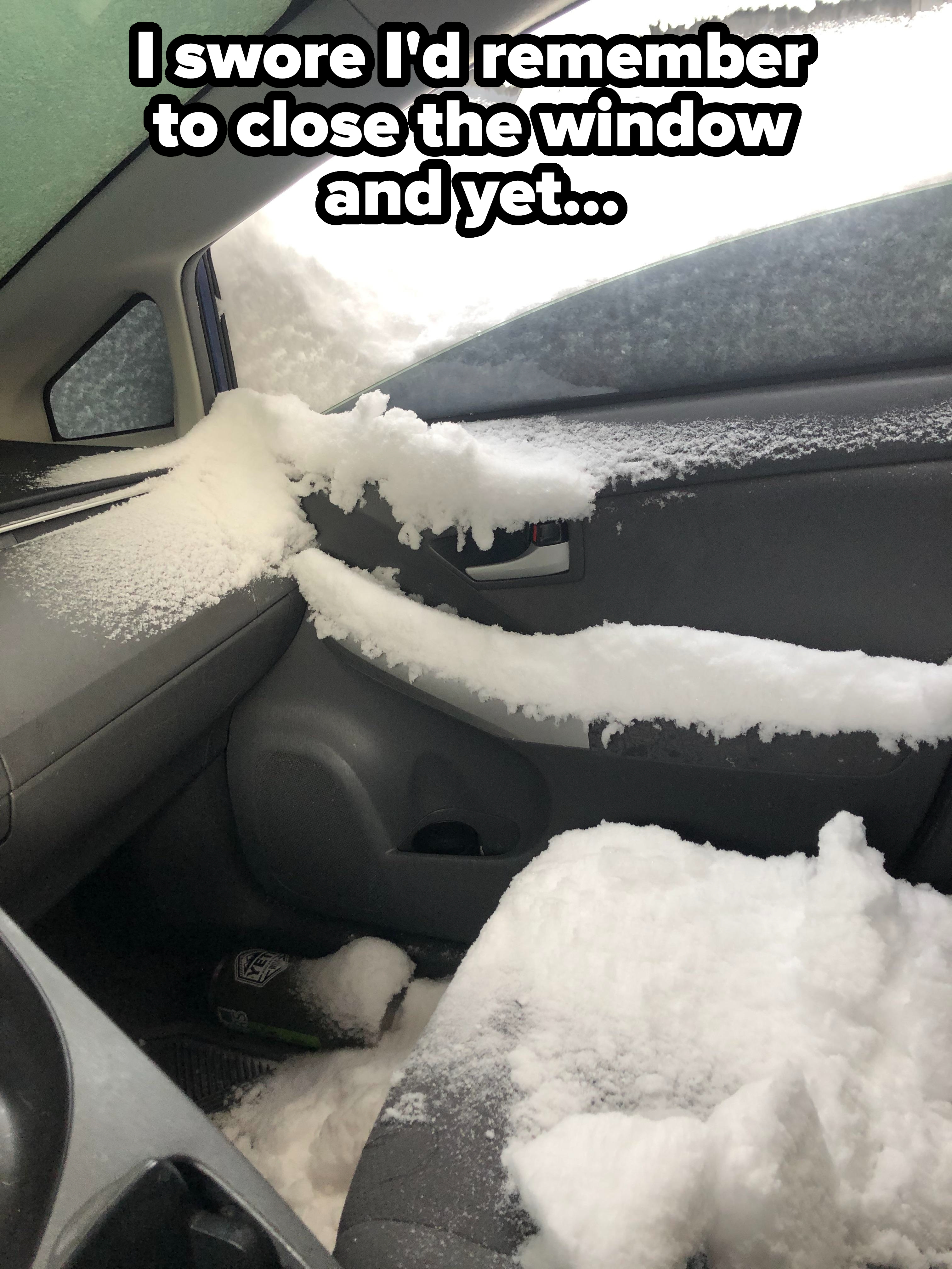 A car with snow inside it, with caption: &quot;I swore I&#x27;d remember to close the window and yet&quot;