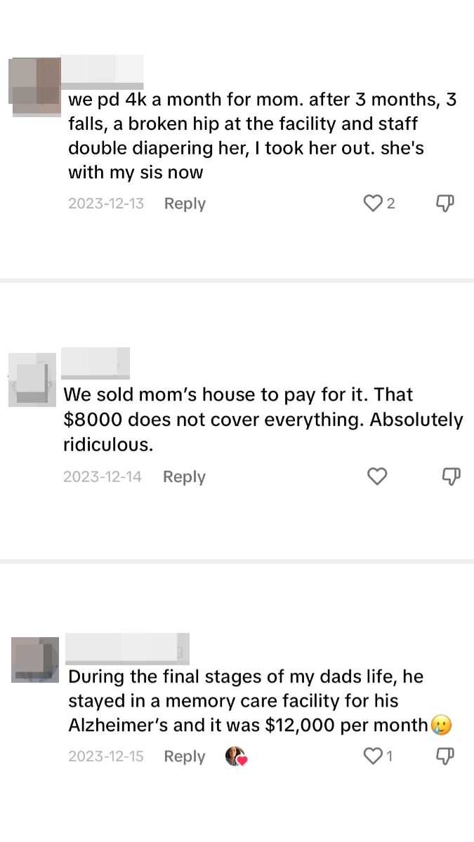 TikTok comments recounting users&#x27; experiences with eldercare, including one who sold their mom&#x27;s house to pay for it
