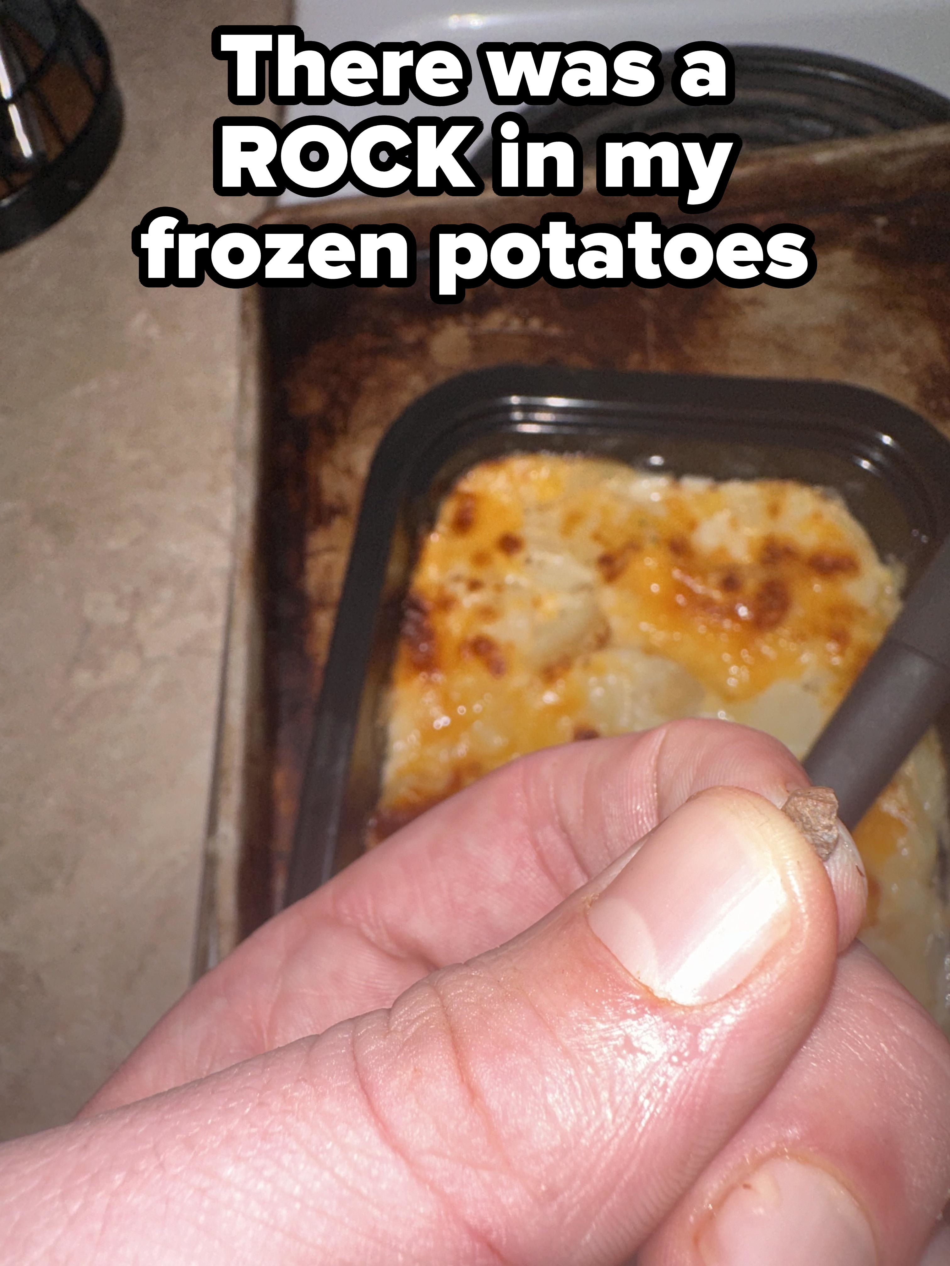 &quot;There was a rock in my frozen potatoes&quot; with someone holding a pebble above the potatoes