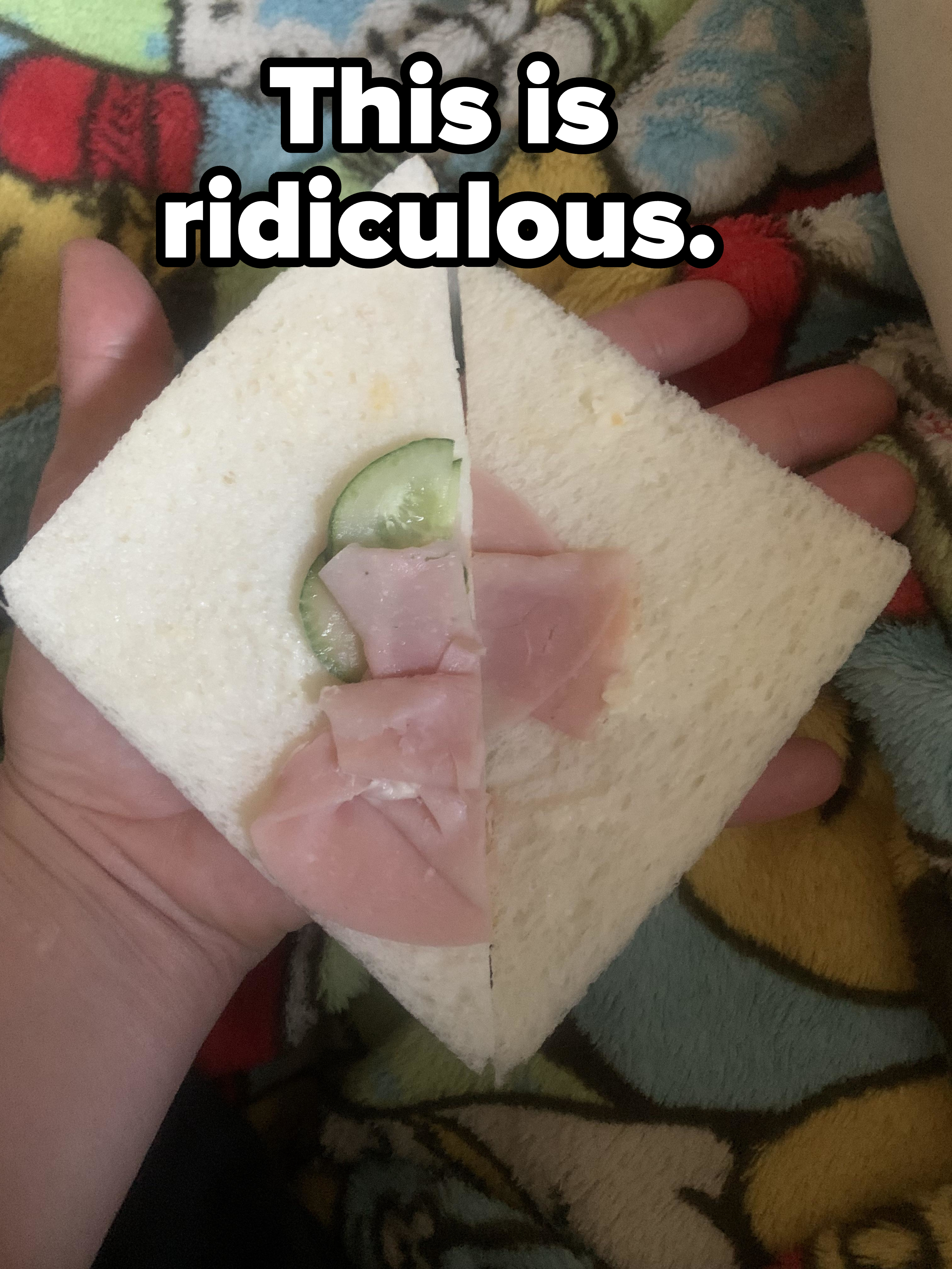 "This is ridiculous": Sandwich with two thin pieces of cucumber and two thin slices of cold cuts
