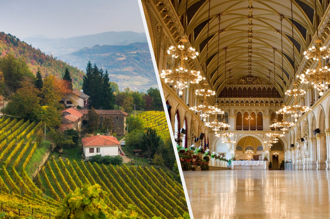 A Tuscan vineyard and a ballroom with high ceilings.