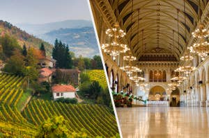 A Tuscan vineyard and a ballroom with high ceilings. 