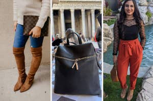 reviewer in brown over-the-knee suede boots / reviewer's black crossbody bag / reviewer in red pencil pants with bow