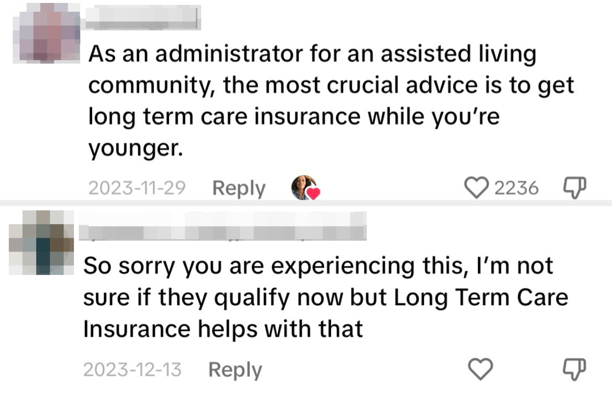 TikTok comments about getting long-term care insurance, including one saying to get it when you&#x27;re younger