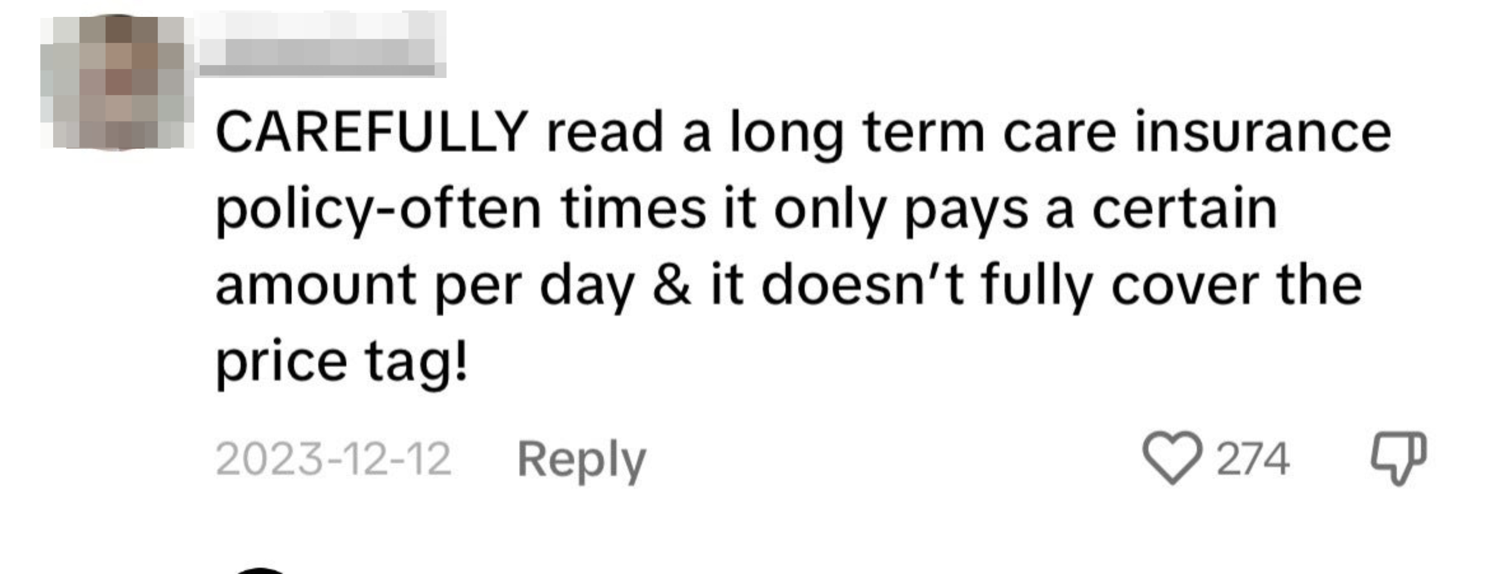 A TikTok comment advises to carefully read your long-term care insurance policy