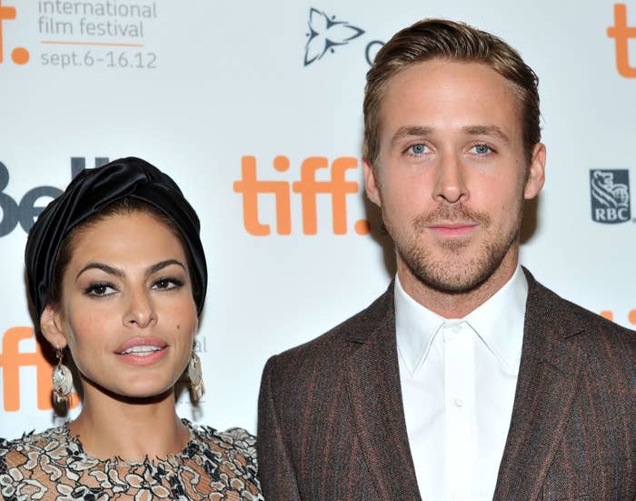 Closeup of Eva Mendes and Ryan Gosling on the red carpet