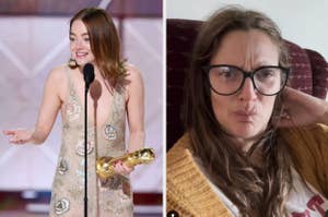 emma stone gives a speech at the golden globes; drew barrymore in glasses scrunches her lips at the camera