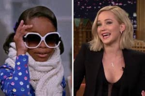 A girl pushes up her sunglasses vs Jennifer Lawrence laughs during an interview