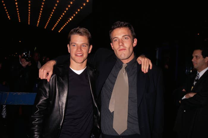 Closeup of Matt Damon and Ben Affleck with their arms around each other&#x27;s shoulders