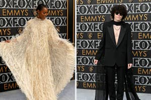 Isaa Rae in a sparkly feathery gown, and Reece Feldman in a V-neck suit with a cape