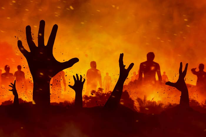 Silhouettes of people and hands coming out of the ground
