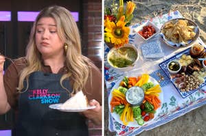 On the left, Kelly Clarkson eating a slice of carrot cake, and on the right, a picnic spread on a blanket on the beach
