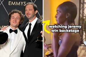 Jeremy Allen White, Ayo Edebiri, and Ebon Moss-Bachrach at the 2023 Emmy Awards