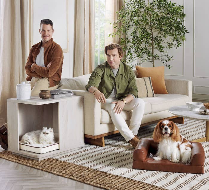 men sitting in living room with dogs