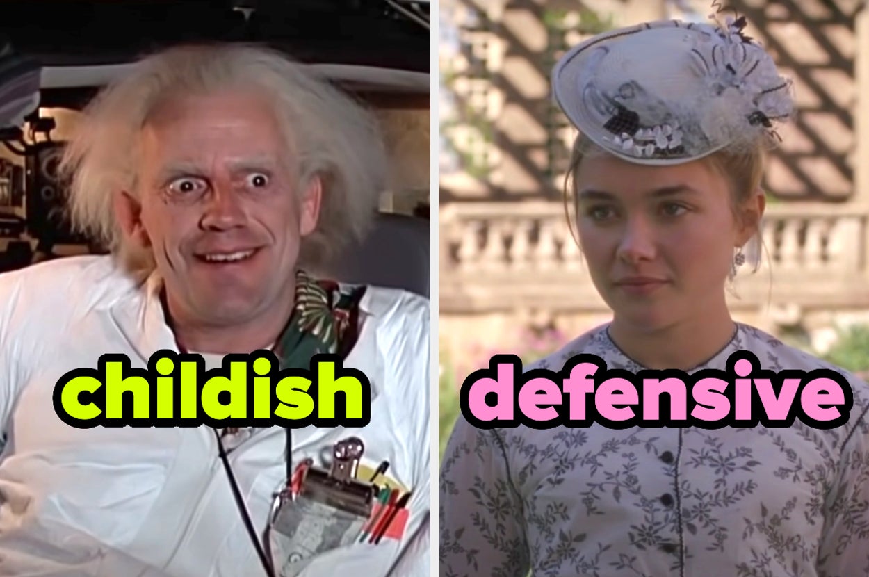 On the left, Doc from Back to the Future labeled childish, and on the right, Florence Pugh as Amy in Little Women labeled defensive