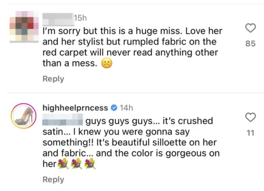 a screenshot of two IG comments, one tearing apart quinta&#x27;s look and one from the stylist defending it