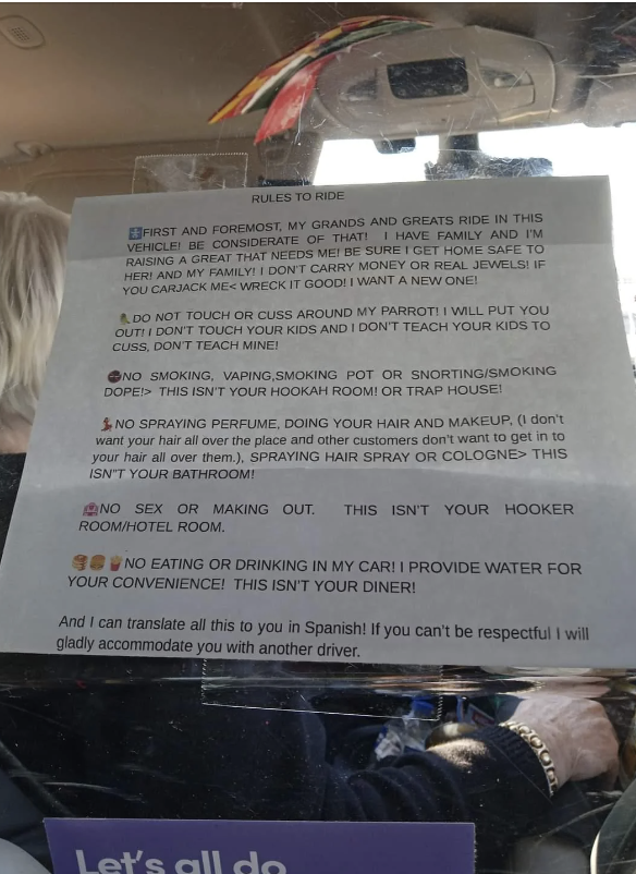 A list of rules for a Lyft driver