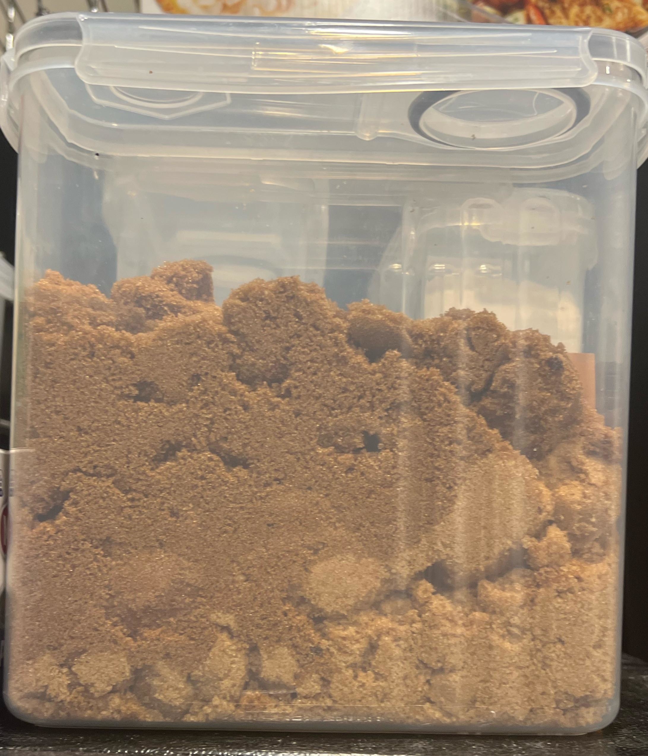 A plastic container of brown sugar