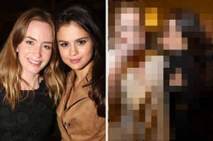Emily Blunt and Selena Gomez lean close together as they pose for a photo vs Emily Blunt and Selena Gomez cover their mouths while posing for a photo
