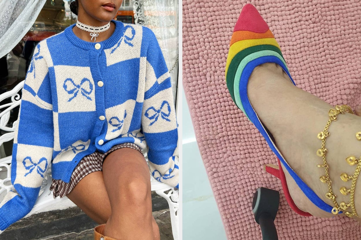 model in bow cardigan and reviewer in rainbow heels
