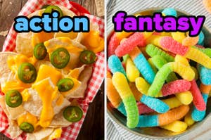 On the left, some nachos topped with jalapenos labeled action, and on the right, some sour gummy worms labeled fantasy