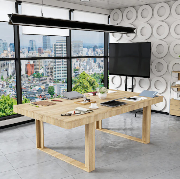 large wooden standing desk in workspace