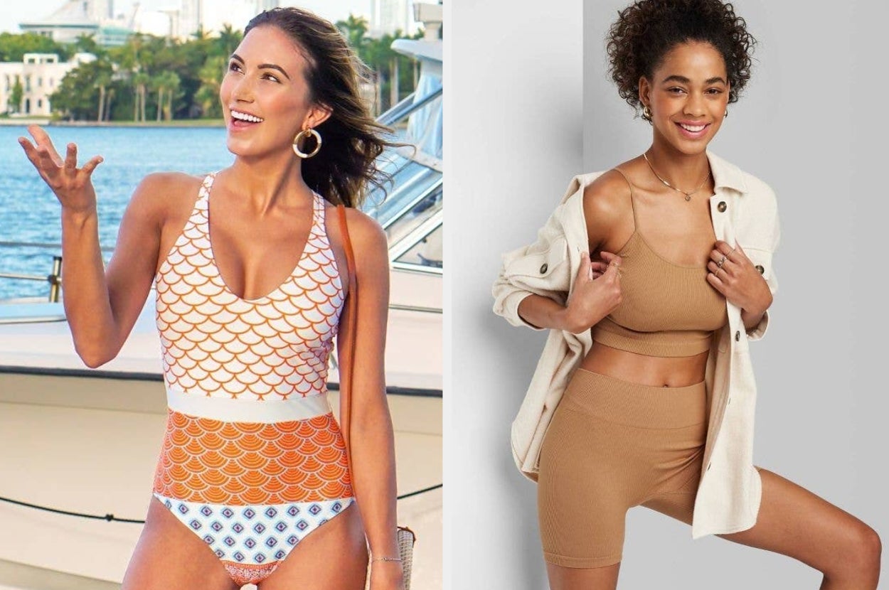 on left: model wearing white, orange, and blue geo-print swimsuit. on right: model wearing brown bike shorts with matching sleeveless crop top
