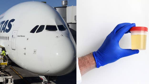 a plane and a container of urine are pictured