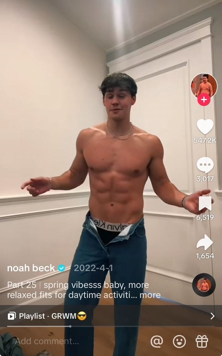 Screenshot of a bare-chested young man on TikTok
