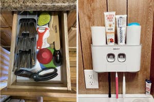 on left: gray utensil organizer in kitchen drawer. on right: white toothpaste dispenser and toothbrush holder