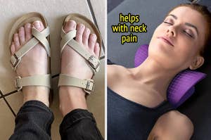 birkenstock like shoes on the left and neck pain relaxer on the right